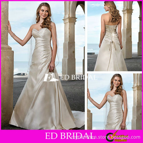 Sweetheart Wedding Dress Pattern A Line Beaded Ruched Champagne Satin Bridal Gowns with Middle Length Veil